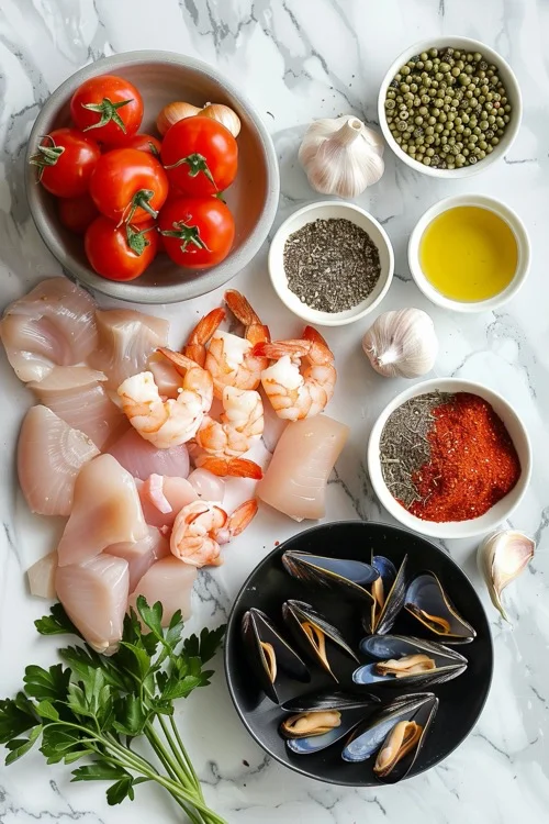 ingredientes paella de pollo y marisco